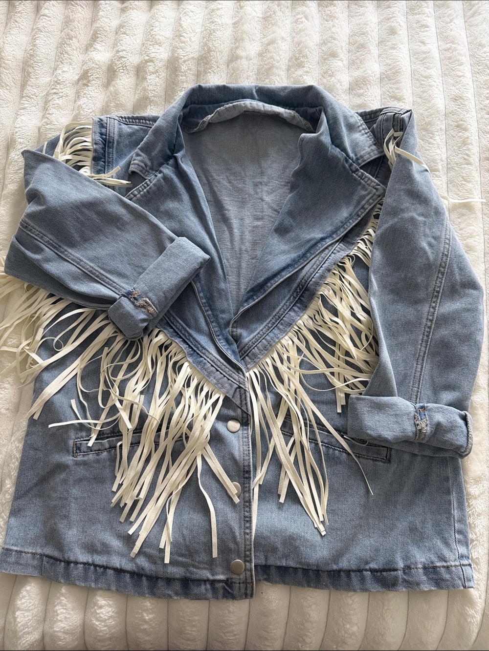 Light Wash Denim Fringe Jacket - Cream Fringe